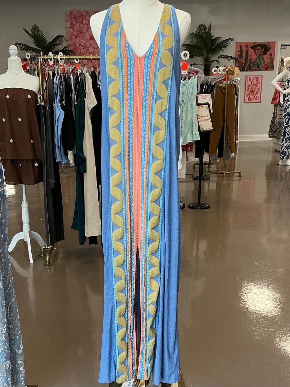 MYSTERY RANCH Blue Sleeveless Embroidered Maxi Dress with Yellow & Coral Trim